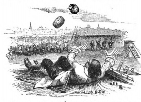 [Gulliver throws empty barrels]