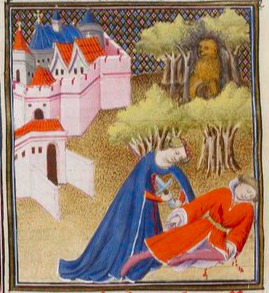 Thisbé se tue sur le corps de Pyrame ; la lionne est cachée dans les arbres