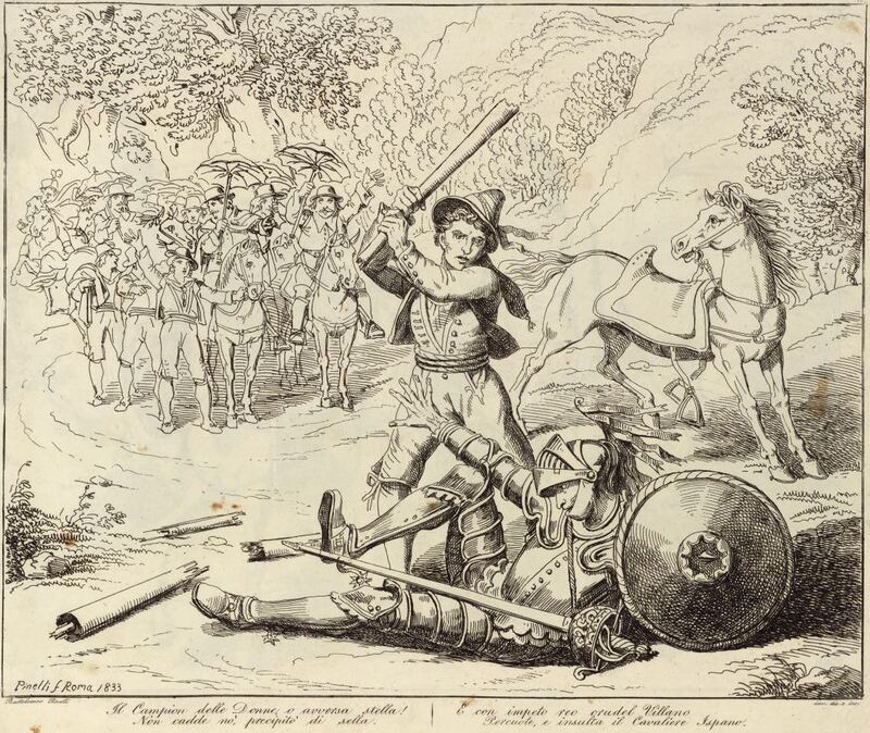 Il Campion delle Donne o avversa stella! / Non cadde nò, precipitò di sella. / E con impeto reo crudel Villano / Percuote, e insulta il Cavaliere Ispano.