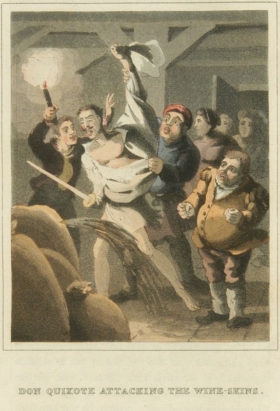 Don Quixote attacking the wineskins