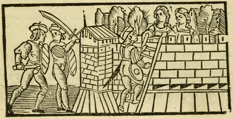 [Act XIX (First Illustration) – Calisto Ascends Toward Melibea and Lucrecia While Sosia and Tristan Stand Guard (Repeated)]