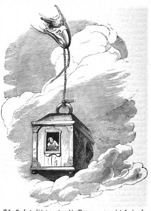 [an eagle carries Gulliver’s house over the ocean]