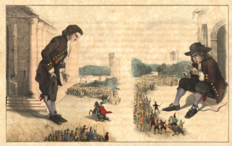 [Gulliver speaks with the Emperor of Lilliput and defends himself against guards shooting at him]