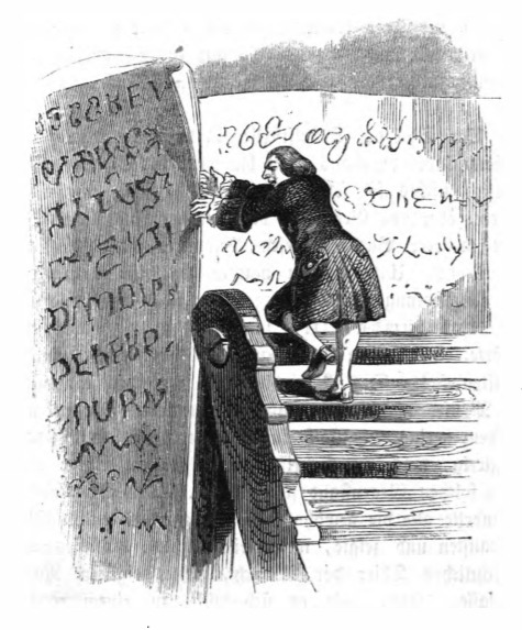 [Gulliver reads scrolls in the library on Brobdingnag]