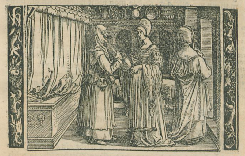 [Act IV – Celestina Talks to Melibea While Another Female Figure (Either Alisa or Lucrecia) Faces Away]