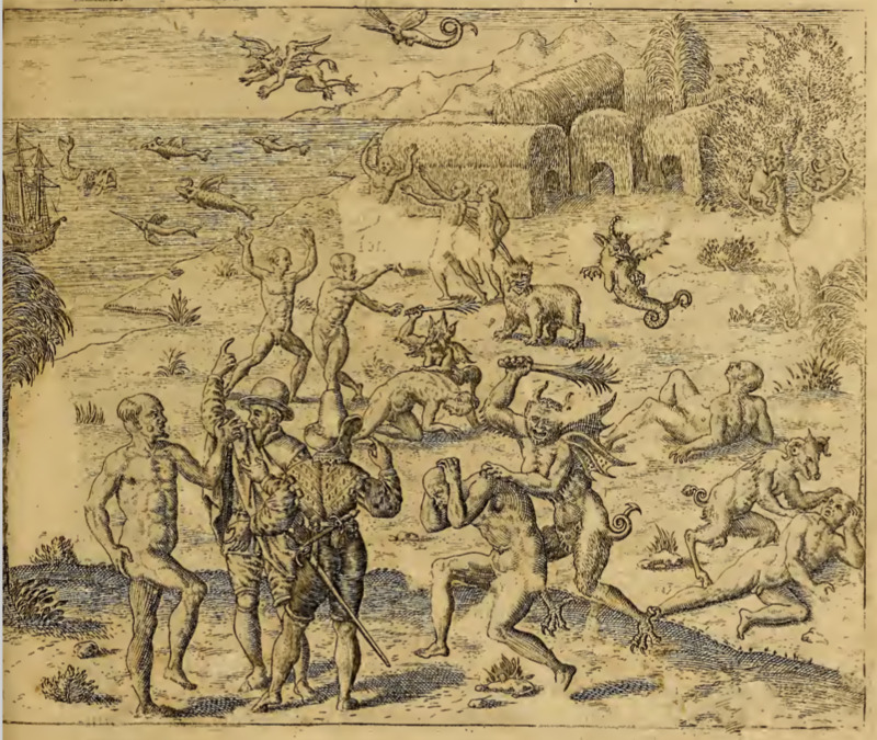 [A Tupinambá village full of mythological creatures]