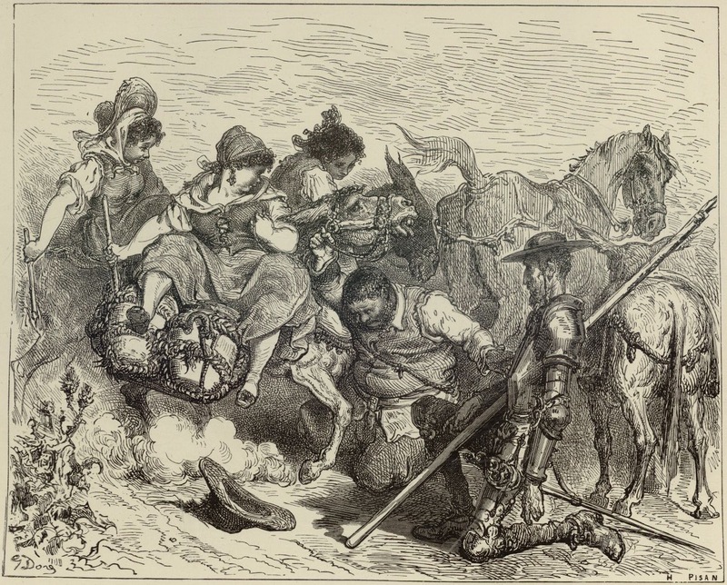 Don Quichotte s'était déja jeté a genoux aux cotés de Sancho