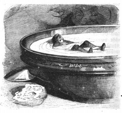 [Gulliver floating in a bowl of milk]