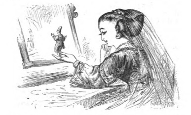 [Gulliver looks in the mirror with a lady in waiting]