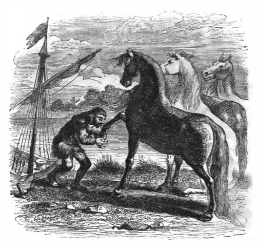 [Gulliver thanks his master before he leaves the Country of the Houyhnhnms]