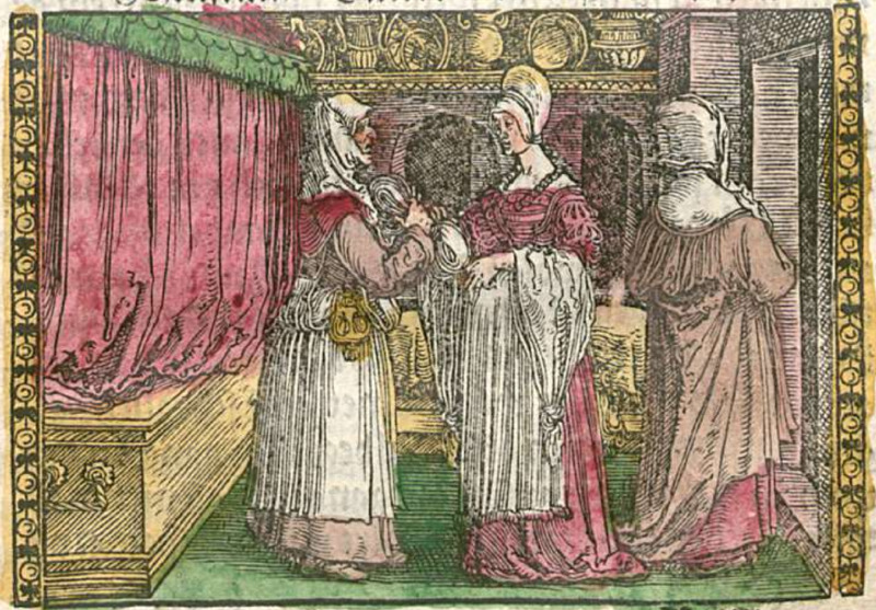 [Act IV – Celestina Talks to Melibea While Another Female Figure (Either Alisa or Lucrecia) Faces Away]
