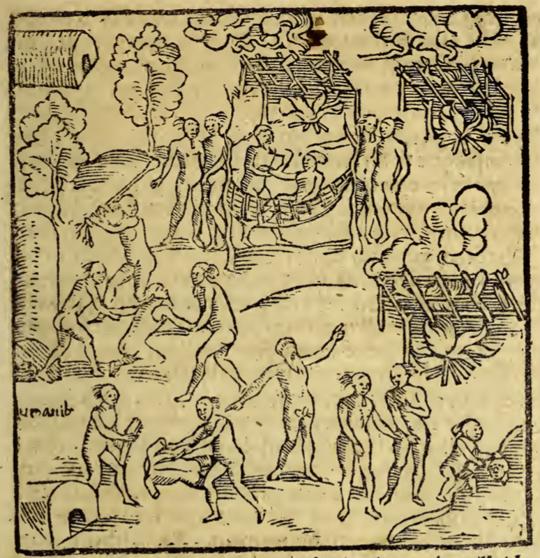 [Tupinambá people roast limbs over fires]