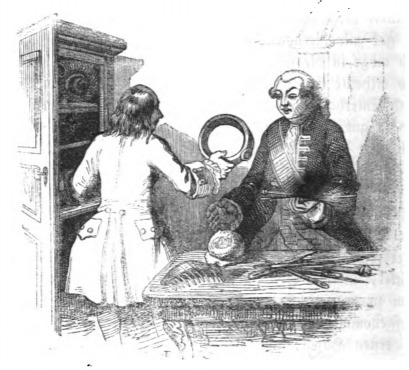 [Gulliver shows the captain of the ship who rescued him things he brought from Brobdingnag]
