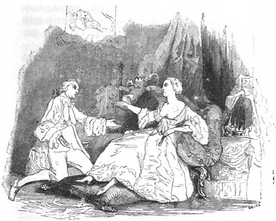 [A courtier kisses the hand of a queen]