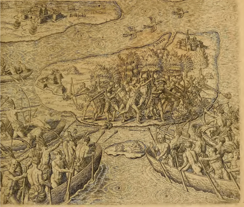 [Combat between European and Indigenous men on an island and Indigenous people in canoes]