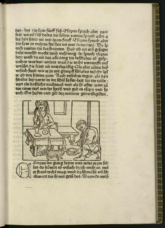Vita et. Fabulae [A man feeds a dog as a woman sits at a table]