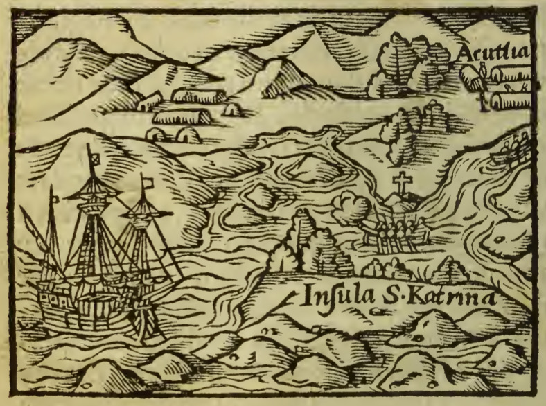 [A European ship sails near the coast, close to an Indigenous settlement with a large cross]
