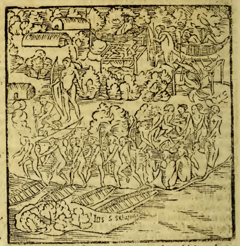 [A bustling Tupinambá village]