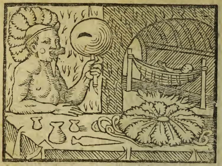 [A Tupinambá man with face stones holds a rattle in front of a table]