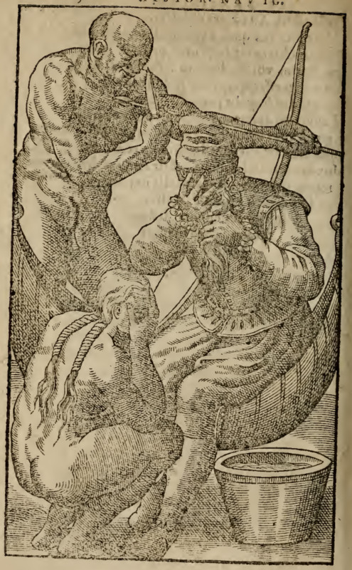 [A European man and a Tupinambá woman weep into their hands while a Tupinambá man stands behind them]