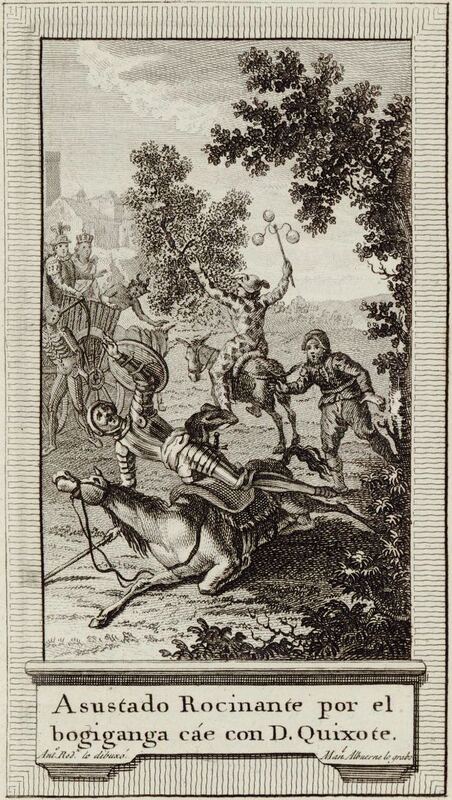 Asustado Rocinante por el bogiganga cáe con D. Quixote