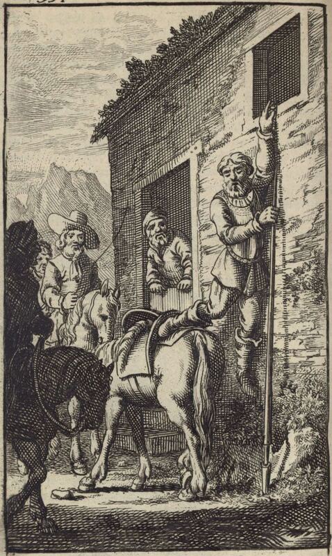 [Don Quixote hangs by his hand]