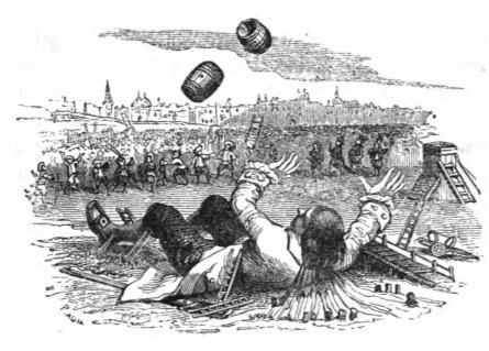 [Gulliver throws empty barrels]