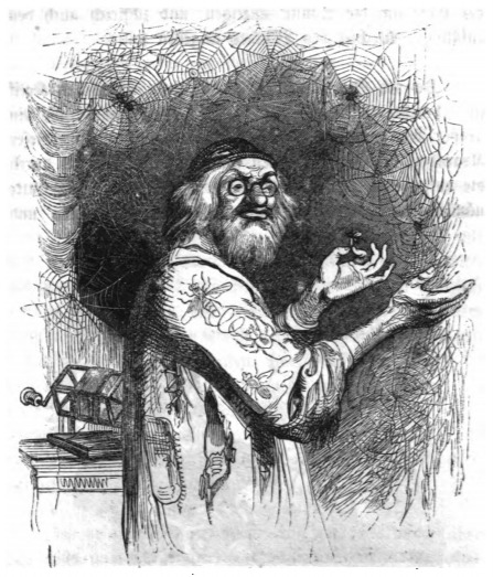[A scientist from The Grand Academy on Balnibarbi works with spider’s webs]