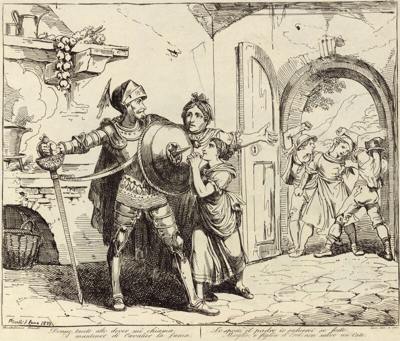 Donne, tacete alto dover mi chiama / A mantener di Cavalier la fama. / Lo sposo, il padre io salverei se foste / Moglie, e figlia d'Eroi: non salvo un Oste.
