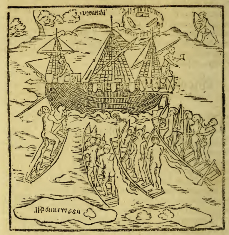 [Tupinambá people in canoes approach a European ship]
