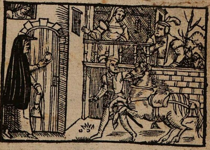 [Title Page – As Celestina Knocks on a Door, a Horseman Approaches and Three Figures Observe]