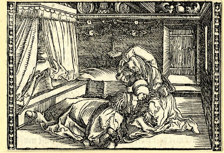 [Act X (Second Illustration) – Melibea Collapses After Celestina Pressures Her to Reveal Her Love for Calisto]