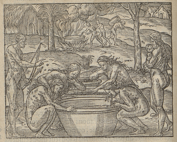 [Indigenous Brazilians prepare an alcoholic beverage]