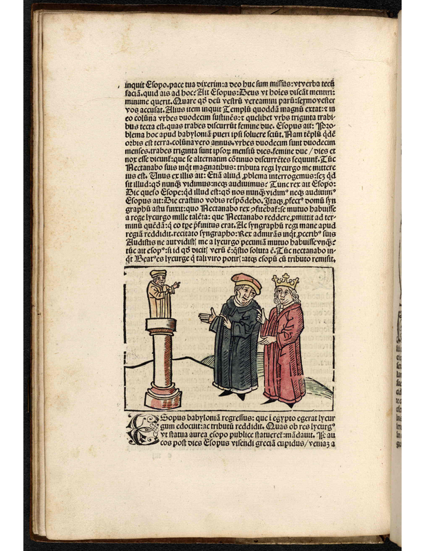 Esopi Appologi siue Mythologi cum quibusdam carminum et fabularum additionibus Sebastiani Brant. [Two men looking at statue on podium]