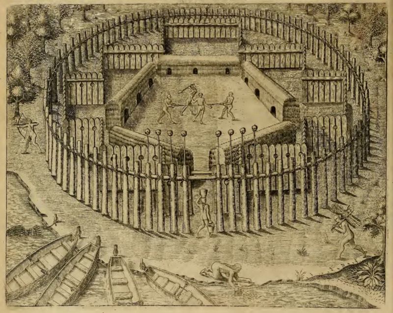 [A captive is executed in the center of a Tupinambá village while other daily tasks are completed]