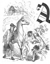 [A Houyhnhnm escorts Gulliver through a crowd of Yahoos]
