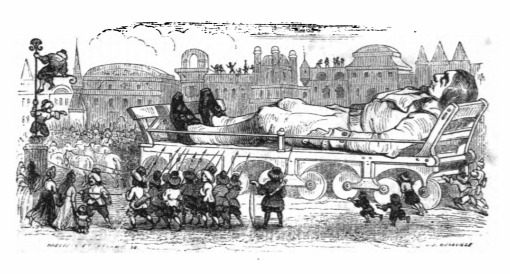 [Gulliver being brought into the town from the shore on a gurney in Lilliput]