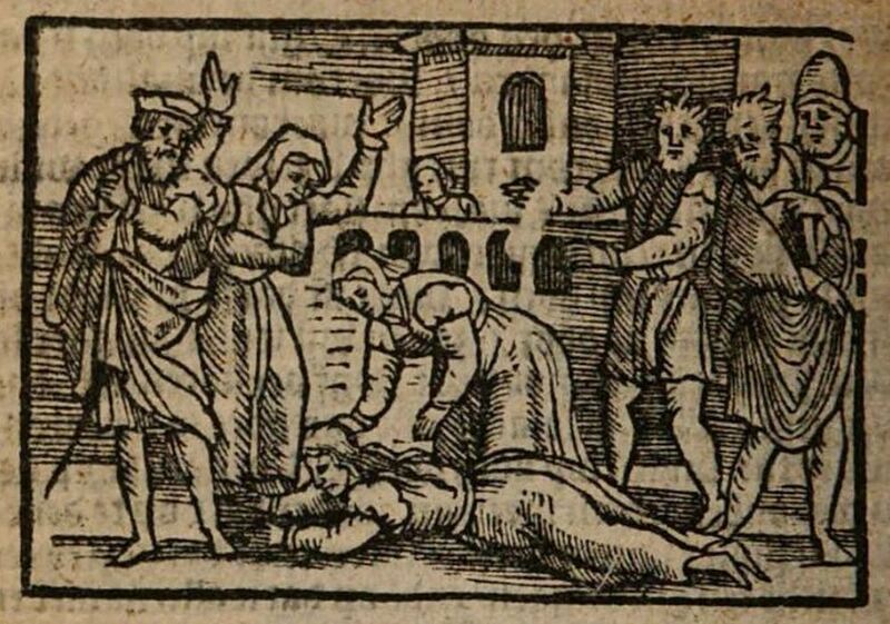 [Act XXI – Having Jumped to Her Death, Melibea is Surrounded by Pleberio, Lucrecia, and Many Other Concerned Onlookers]
