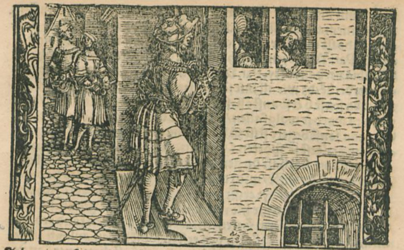 [Act XII (First Illustration) – Calisto Talks to Melibea and Lucrecia Through Melibea’s Door While Sempronio and Pármeno Stand Guard]