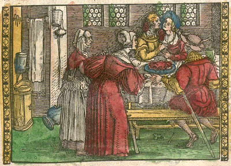 [Act IX – Celestina, Elicia, Sempronio, Areusa, and Pármeno Share a Meal]