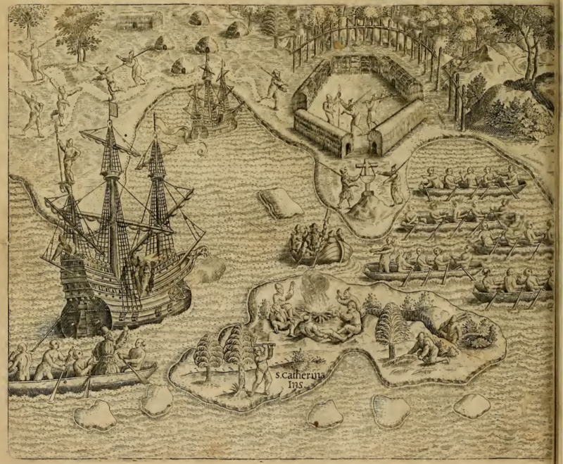 [European ships anchored along the coast near an abandoned Tupinambá village and the island Santa Catarina]