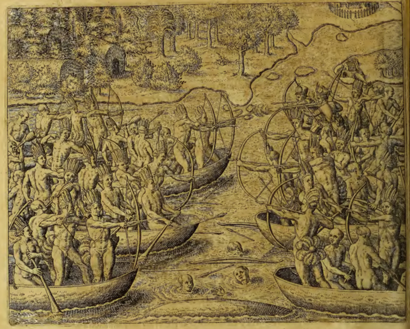 [Two Brazilian Indigenous groups engage in a naval battle]