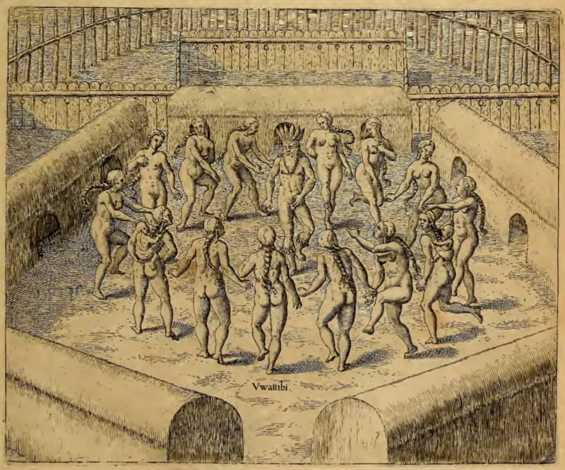 [Inside a village, Tupinambá women dance around a European man]