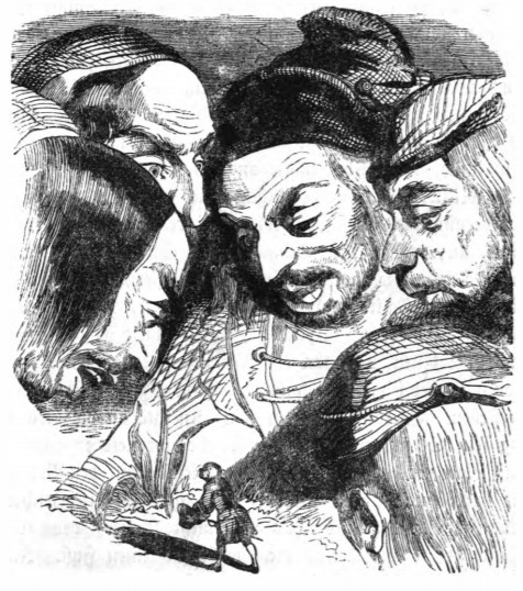 [A crowd of giants examine Gulliver]