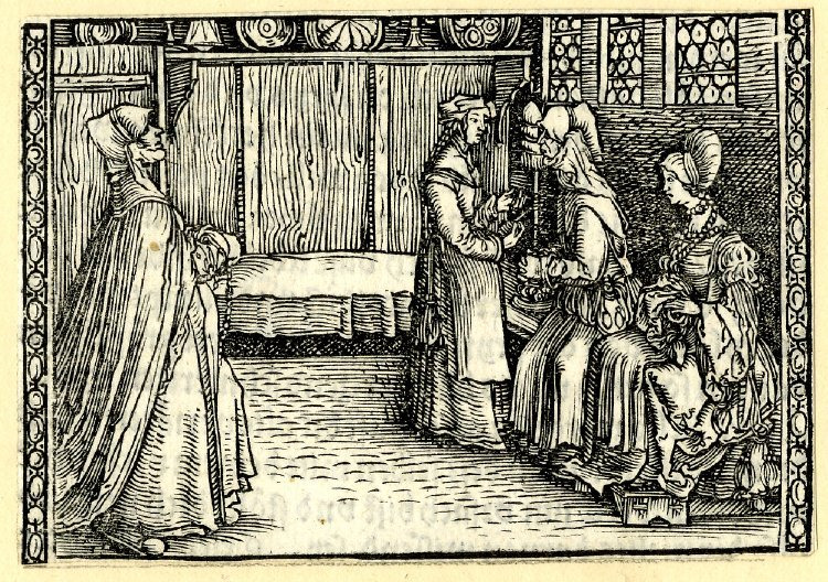 [Act X – Melibea, Celestina, and Lucrecia Talking as a Fourth Figure Approaches]
