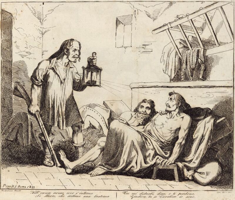 Nell'oscuro recesso ecco s'interna / Lo Sbirro, che sostiene una lanterna / Tu mi disturbi, disse, e ti perdono, / Giudica tu se Cavaliere io sono.