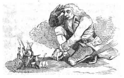 [Gulliver kneeling and saluting the Lilliputian Emperor]