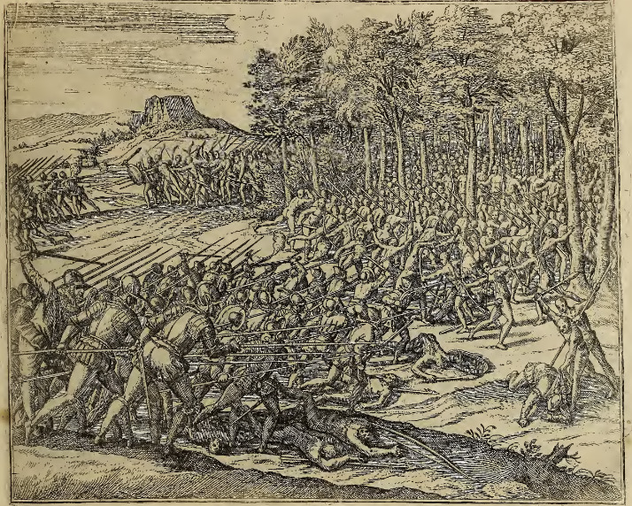 Die Indianer greissen die Spanier an, schlagen ihren Obersten zu tod, entlich werden sie doch verjagt. Aber es kommen andere frische Indianer, die uberfallen und uberwinden die Spanier widerumb, in dem bekommen die Spanier ein hinderhalt, und welche noch, unverletzt waren auß der Schlacht kommen, dieselbe ziehen darvon.