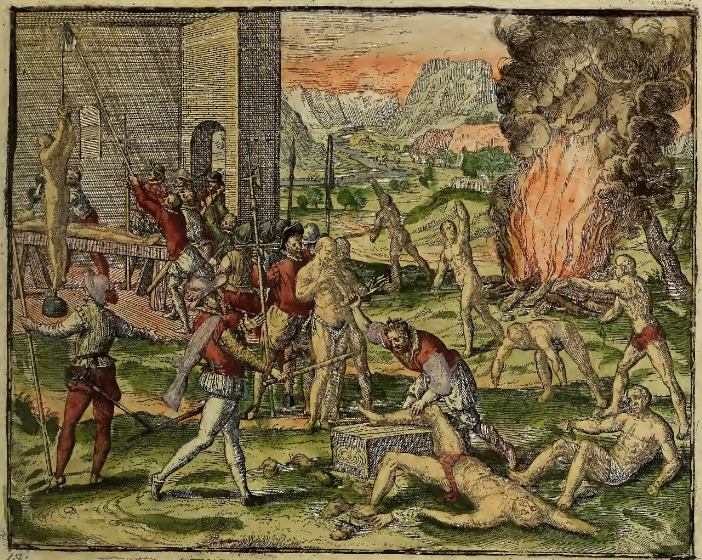 Ferdinandvs Sotto crvdeliter in Florida præfecturam exercet, abscissis etiam Cacicorum manibus.