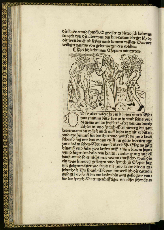 Vita et Fabulae [Three men including a shirtless man are travelling rightwards, and another person carrying branches is travelling leftwards]